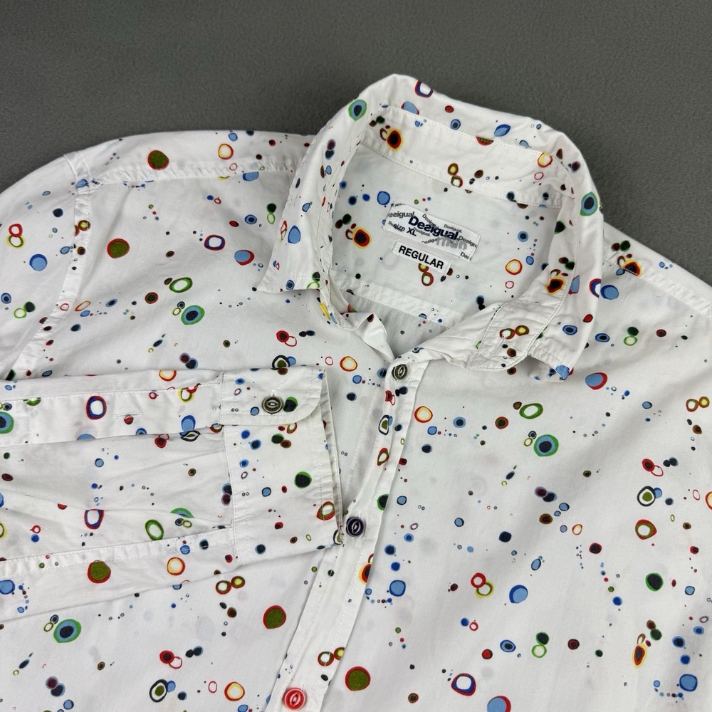Desigual Check Mens Shirt Size XL Large White Long‎ Sleeve Button Up Abstract